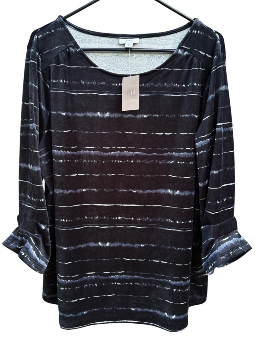 NWT J. Jill Velour 3/4 Sleeve Top Black White Size XL